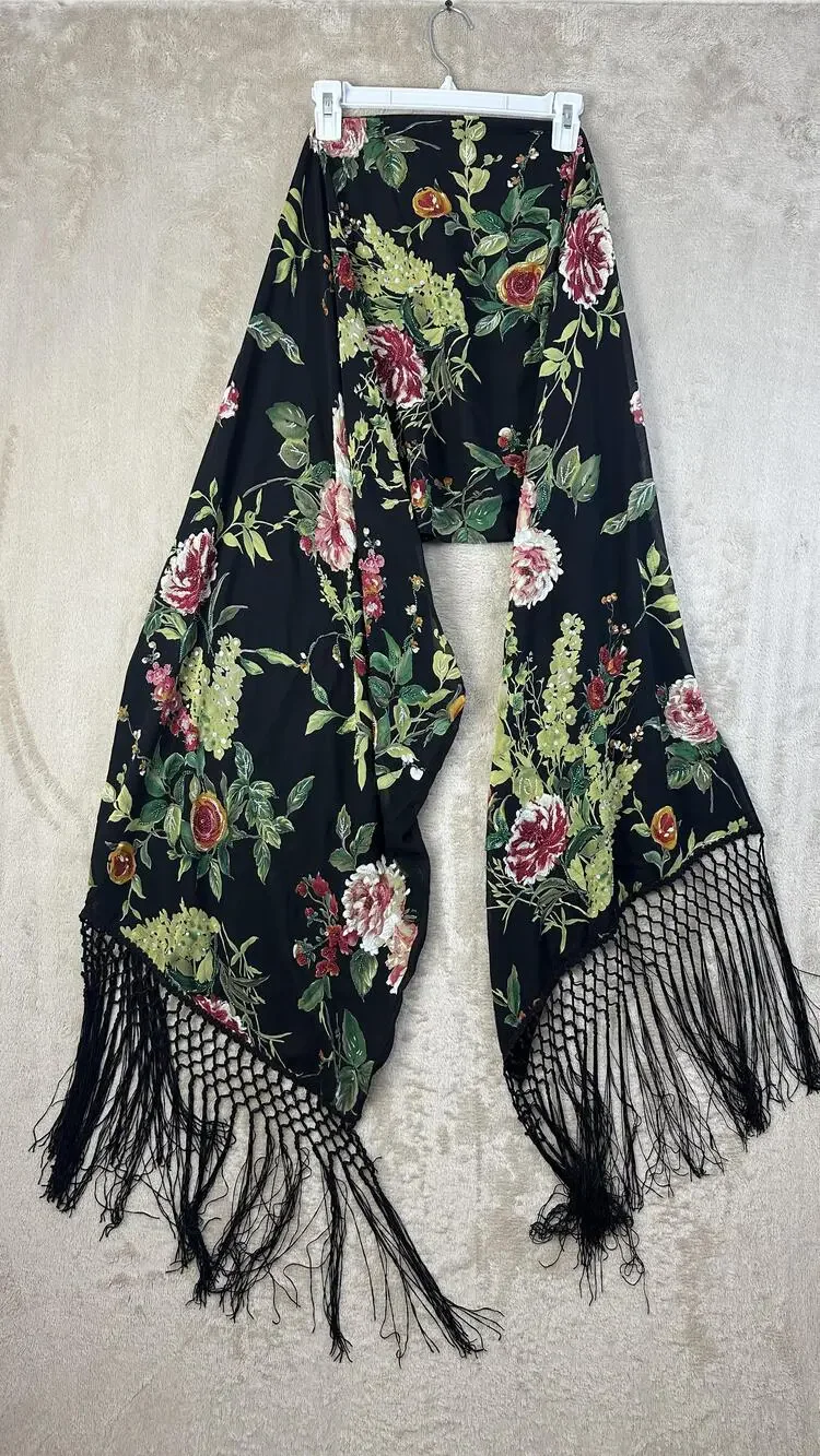 Kay Unger Silk Scarf Womens Black Chiffon Beaded Rose Floral Fringe 80